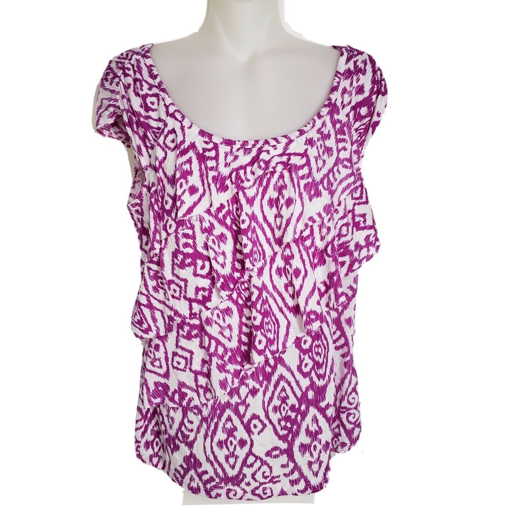 I.N. Studio Womens Top Medium Knit Tiered Ruffled Blouse Short Cap Sleeve Purple
